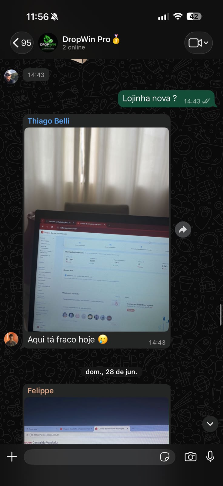 Aluno mostrando painel da Shopee com faturamento diário